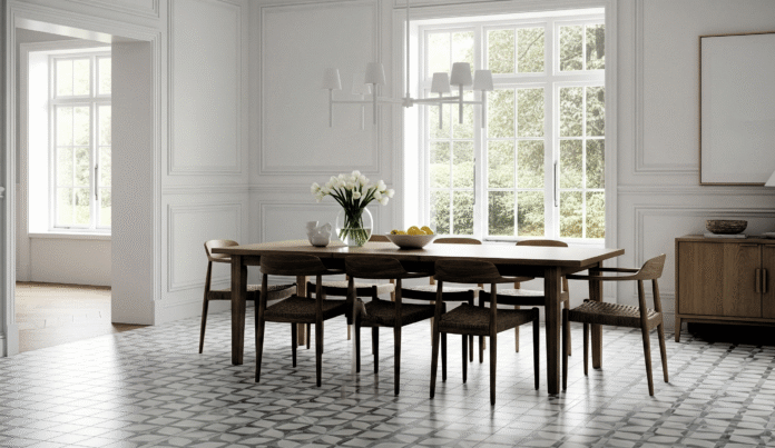 Classic-White---Wood-with-Textured-or-Patterned-Tiles Dining Room Furniture