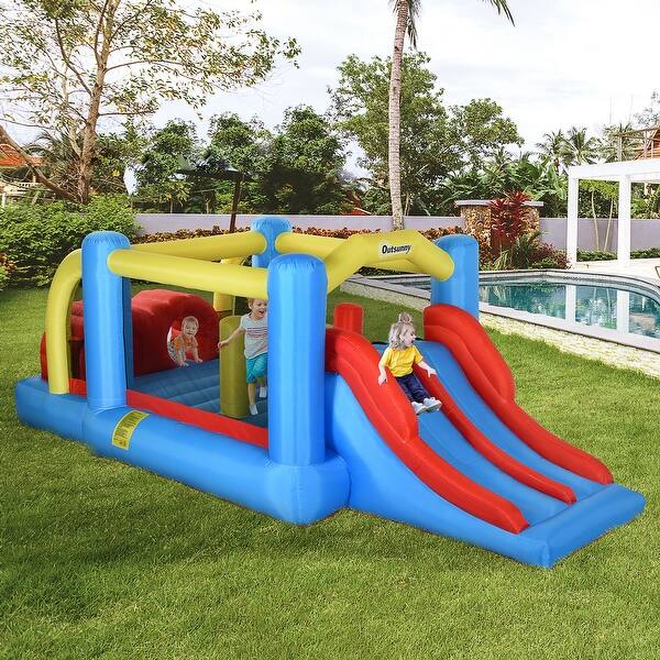 Kids-Inflatable-Bounce-House-3-in-1-Jumping-Castle-with-Slide,-Climbing-Walls,-&-Trampoline,-Air-Blower-Included Inflatable Combo